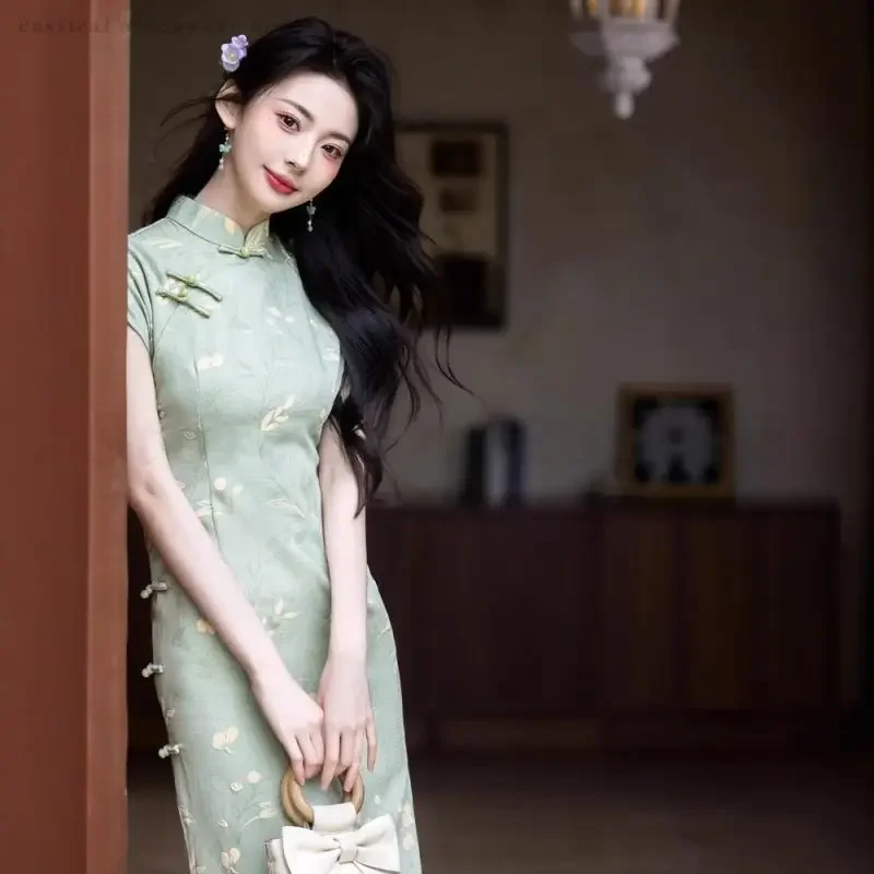 

Новое летнее платье Ципао с принтом, традиционное платье Cheongsam с воротником-стойкой, китайское вечернее платье, большой размер 3XL, винтажное платье