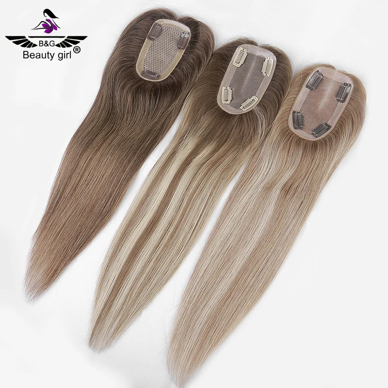 

Light Density Silk Topper Human Hair Free Part Silk Base Hand Tied Toupees For Women Blonde Or Mix With Fringe
