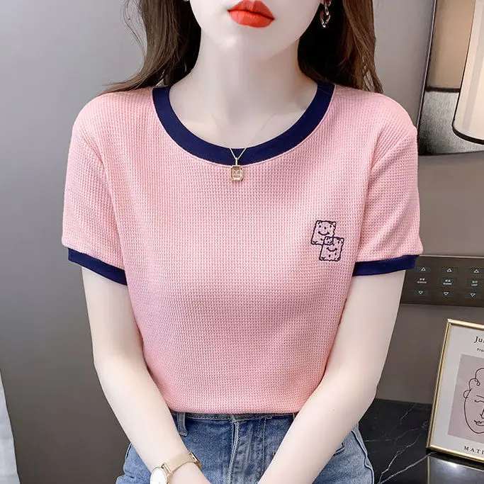 2023 Summer New Round Neck Short Sleeve Women's T-shirt Versatile Graphic Embroidery Contrast Color Fashion Casual Tops