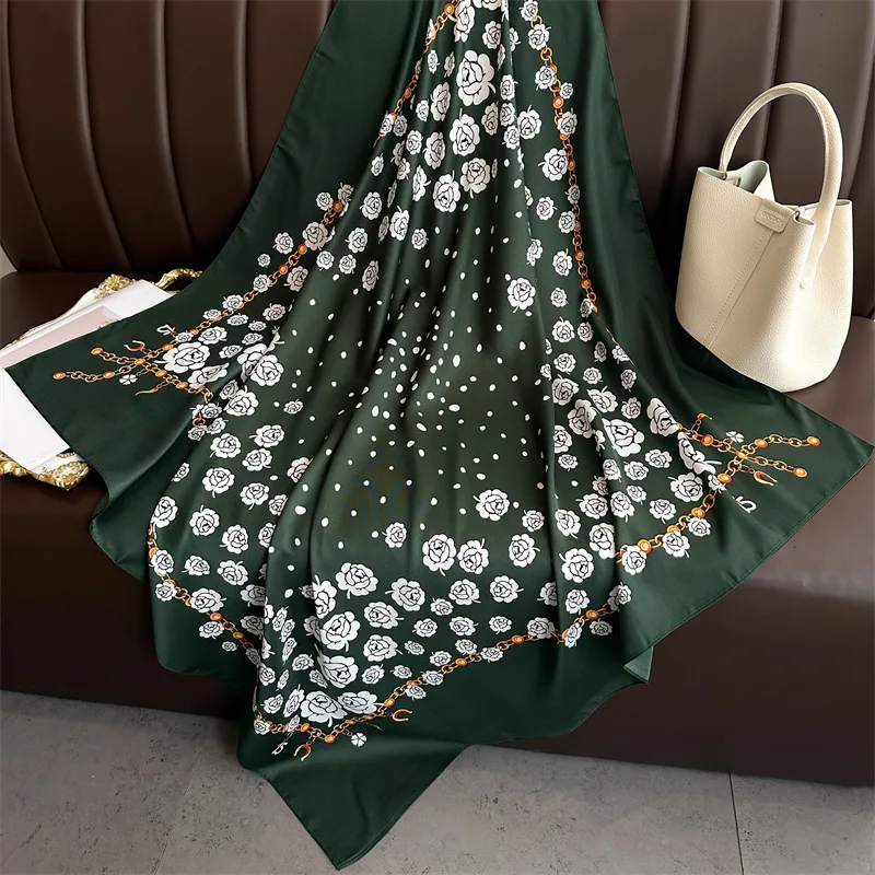 Retro Rose Printed Square Scarf Women Silk Scarves Bandanas Luxury Beach Shawl Wraps Elegant Hijab Neckerchief High Quality