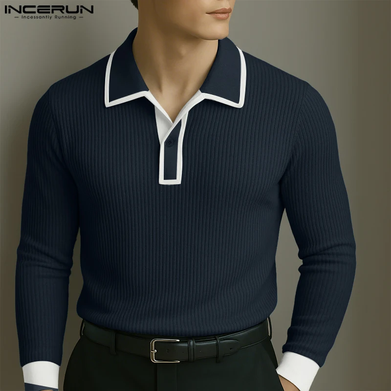 

INCERUN Мужская рубашка в стиле пэчворк, весенне-осенняя мужская одежда с лацканами и длинными рукавами, уличная одежда, 2025 г., трикотажные модные повседневные топы, мужские рубашки