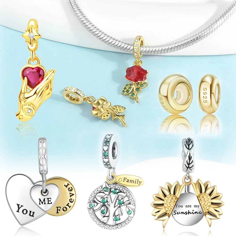 Dijes Plata Golden Sun Rose Tree Heart Chapado en plata para dijes Pulsera original chapada en plata para la fabricación de joyas