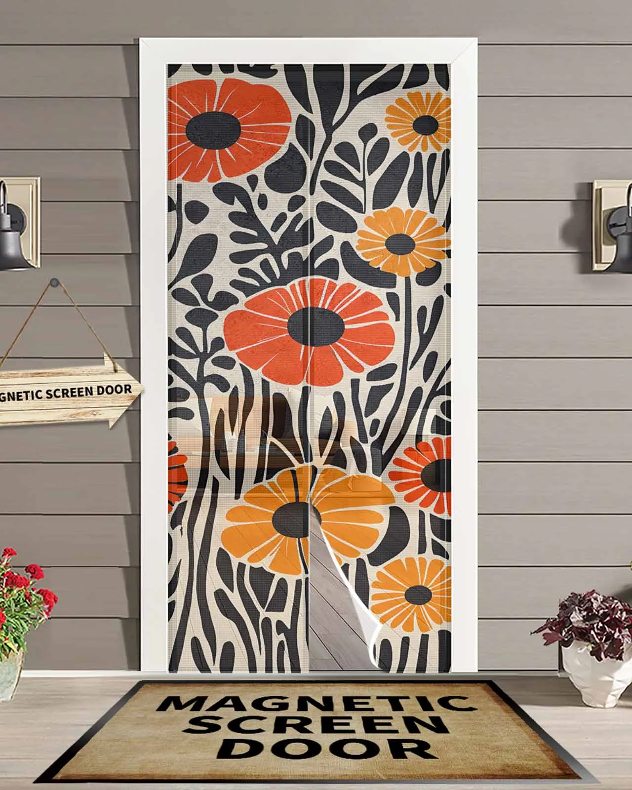 

Abstract Black Orange Flower Magnetic Door Curtain Living Room Bedroom Home Anti-mosquito Screen Door Curtain