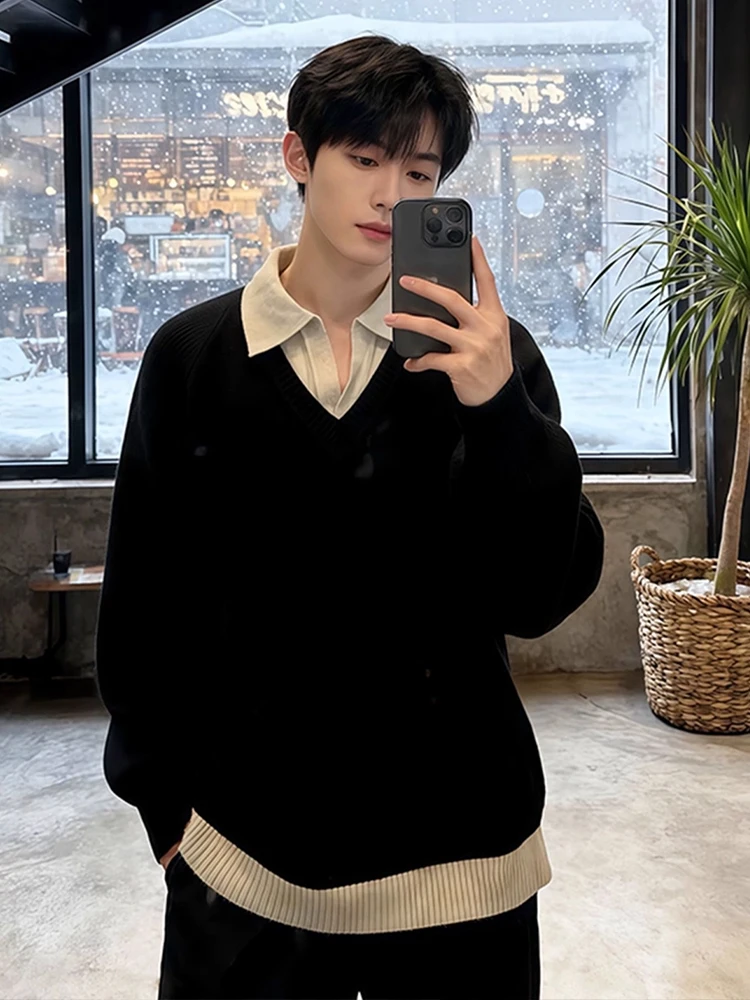 

lectual Sle Men's Knitted Sweater Collar Two-Piece Look Casual Wear Polyester Fiber Winter Long Sve Top