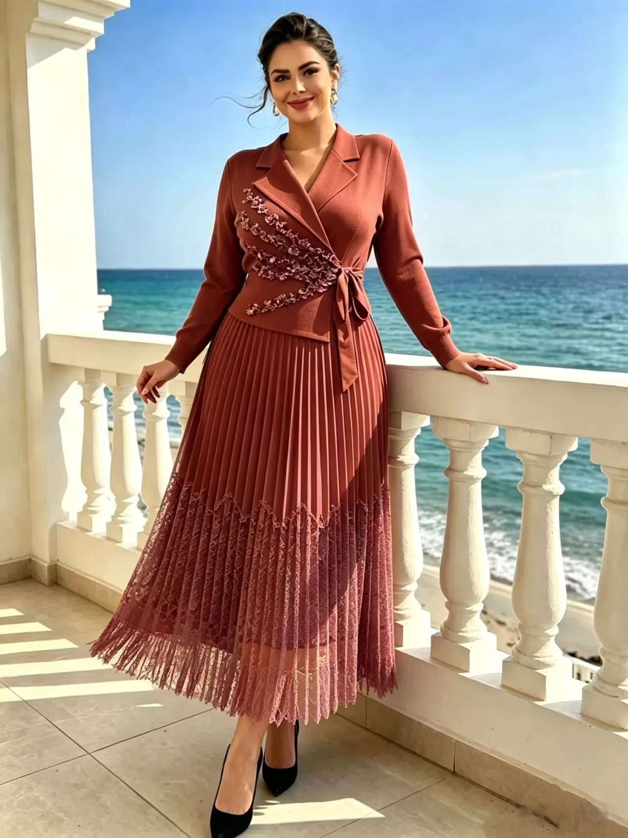 Miyake Crumpled Loose Dress Women's Clothing Fashion Temperament Suit Collar Lace Stitching Pleated Dress