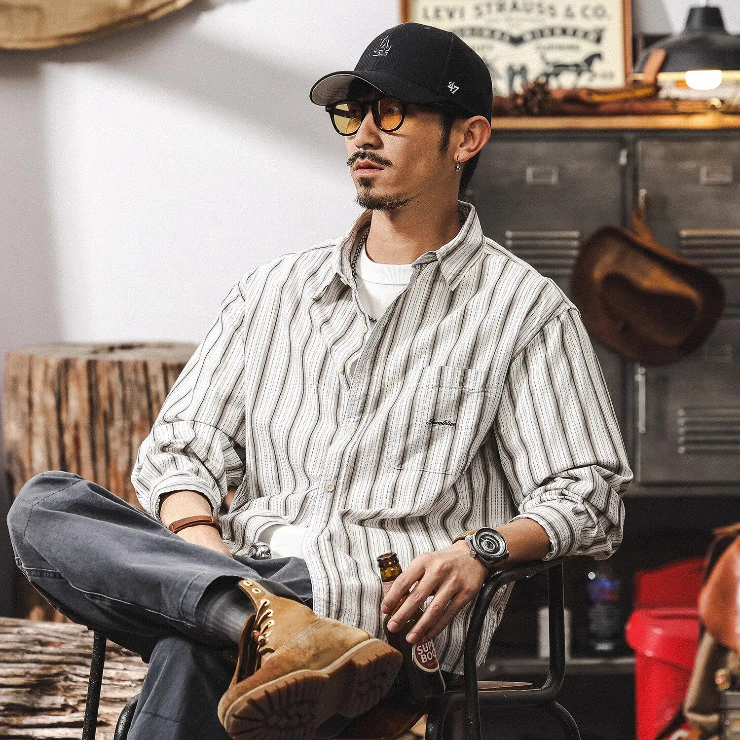 New Spring Autumn Striped Shirt for Men, Japanese Trendy Loose Versatile Cotton Long Sleeve Blouse,Casual Base Layer Top for MAN