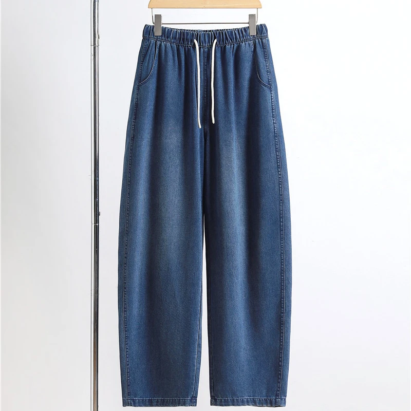 

Vintage Elastic Waist Women's Jeans Autumn Fashion High Waist Versatile Lace-up Loose Wide Leg Pants Female Casual Washed Pants