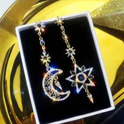 Fashion New Elegant Silver Color Asymmetric Star Moon Earrings Long Statement Tassel Sparkling Personalized Earrings Jewelry