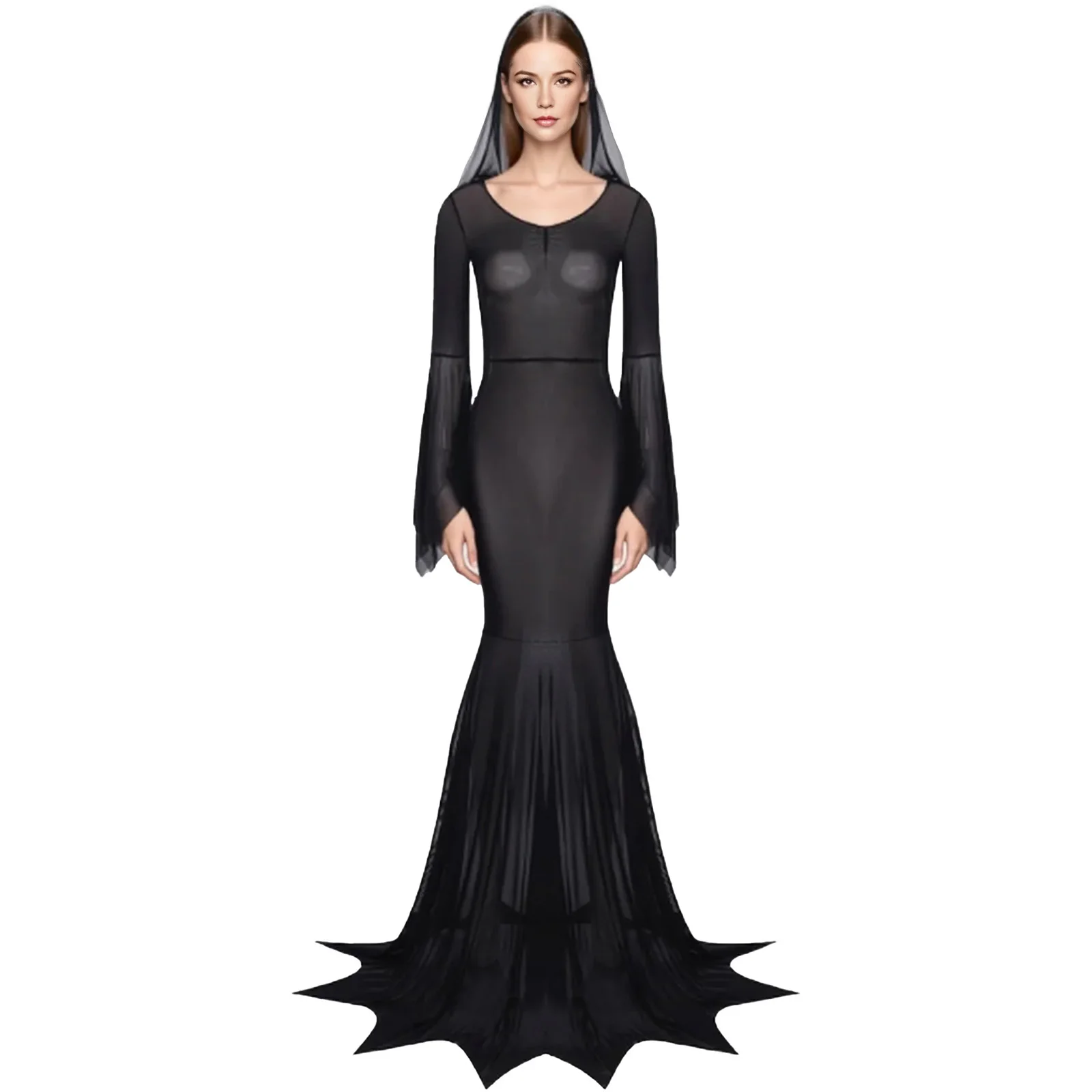 Volwassen Vrouwen Lingerie Transparante Mesh Jurk Capuchon Lange Mouw Bikini Cover Maxi Jurk voor Erotisch Rollenspel Dating Nachtkleding