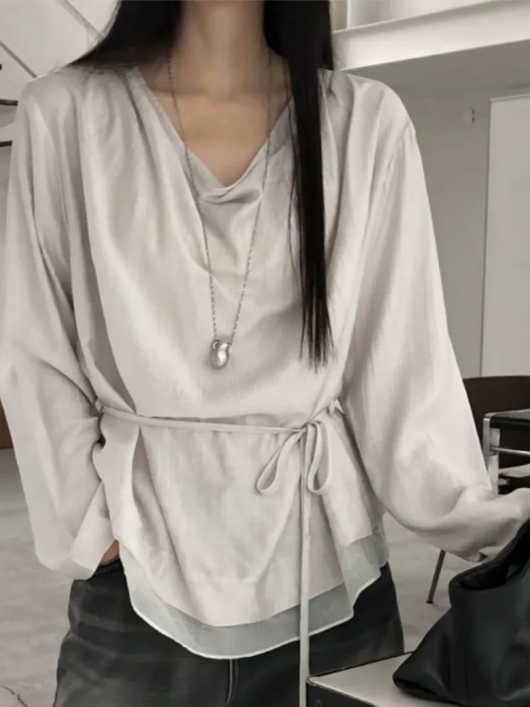 Dames kraag overhemd stropdas taille chique top Franse stijl losse pasvorm lange mouw pure kleur herfstmode blouse