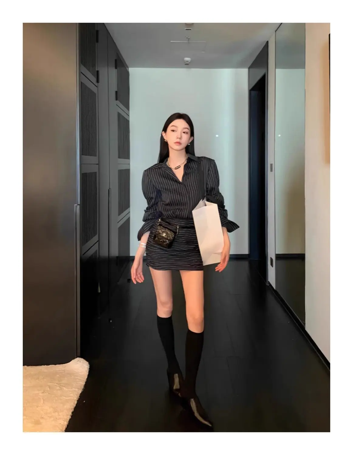 Striped Polo Neck Shirt Long-sleeved Dress Female Temperament Waist-pack Hip Short Skirt