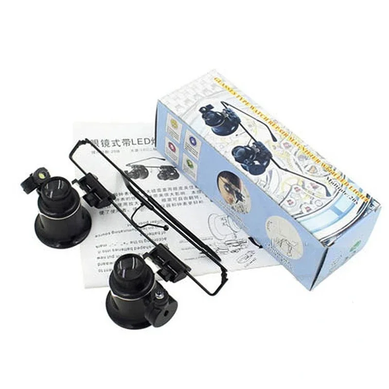 Professional 20X Magnifier Double Eye Glasses Type Watch Repair Jeweler Inspect Tool Magnifier with Two Adjustable LED Lights