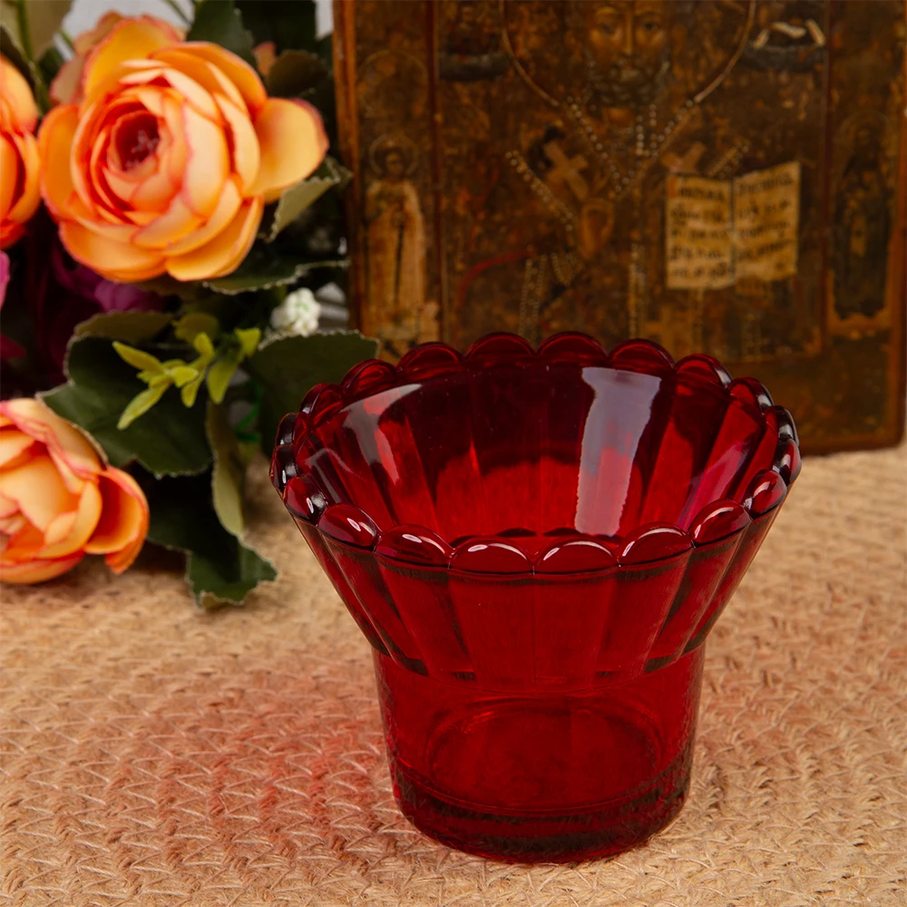 Scalloped Edge Red Glass Orthodox Votive Candle Holder Tealight Cup Church Chapel Liturgical Prayer Religious Icon Table Decor