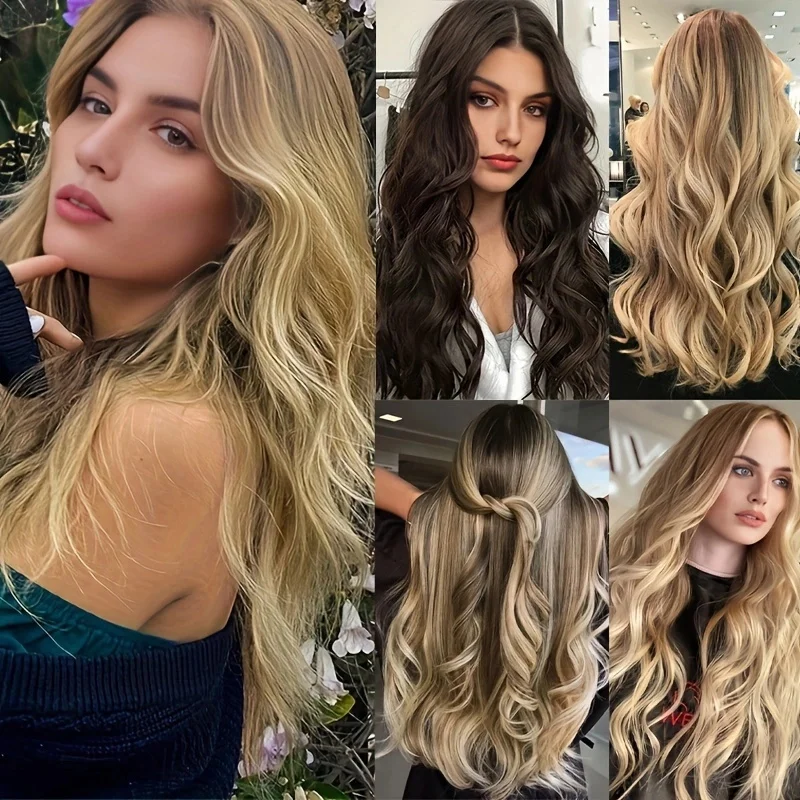 Extensión de cabello rizado largo sintético de 24 pulgadas con 16 clips, resistente al calor, ombre negro, marrón y rubio 6