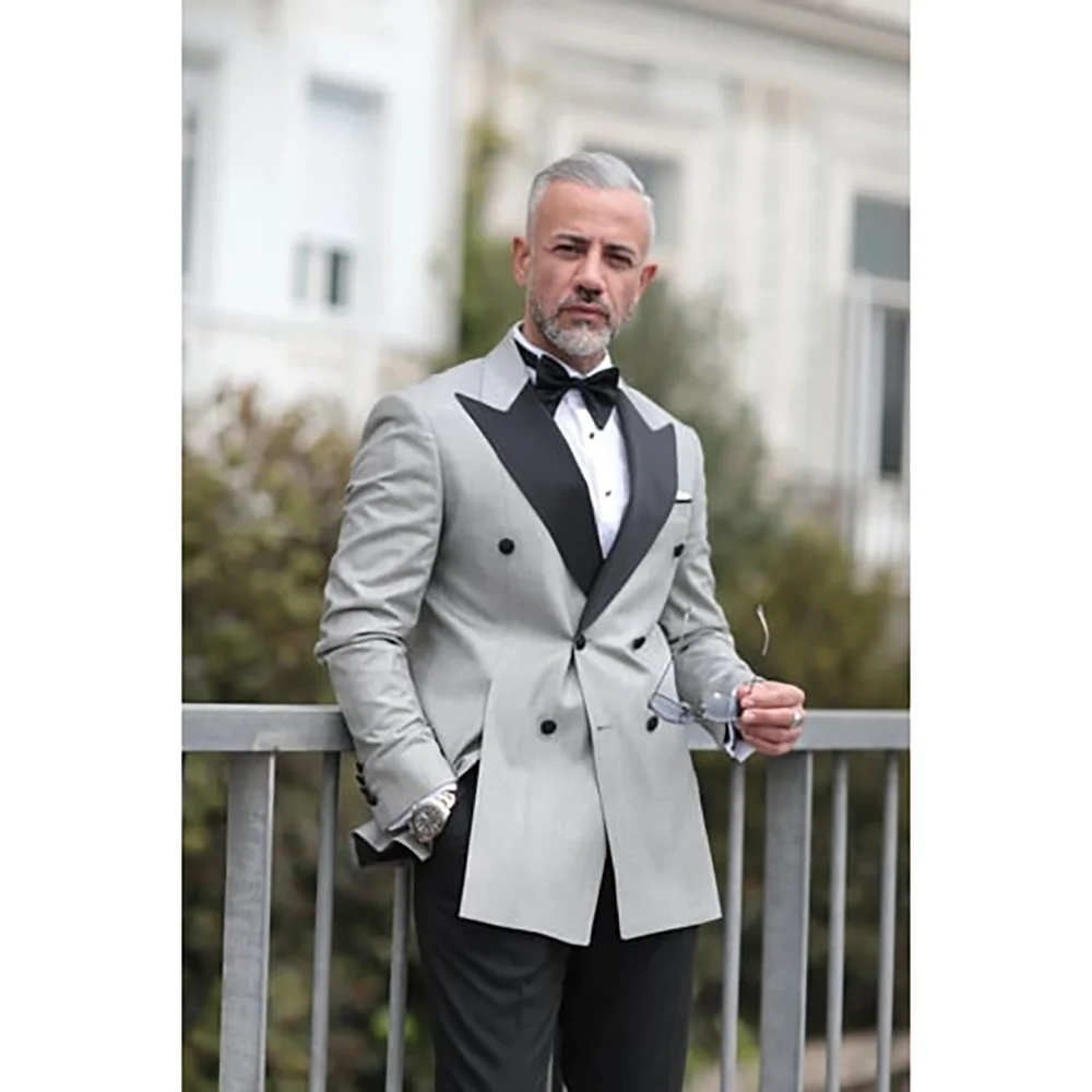 Light Grey Double Breasted Slit Men Suit Two Pieces(Jacket+Pants) Lapel Outfits Chic Casual Party Prom Wedding Set