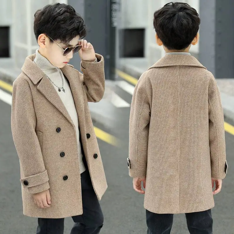 Boys' Wool Blend Coat - Autumn Winter Velvet-Lined Windbreaker, Thick Trendy Outerwear for Mid to Large Kids