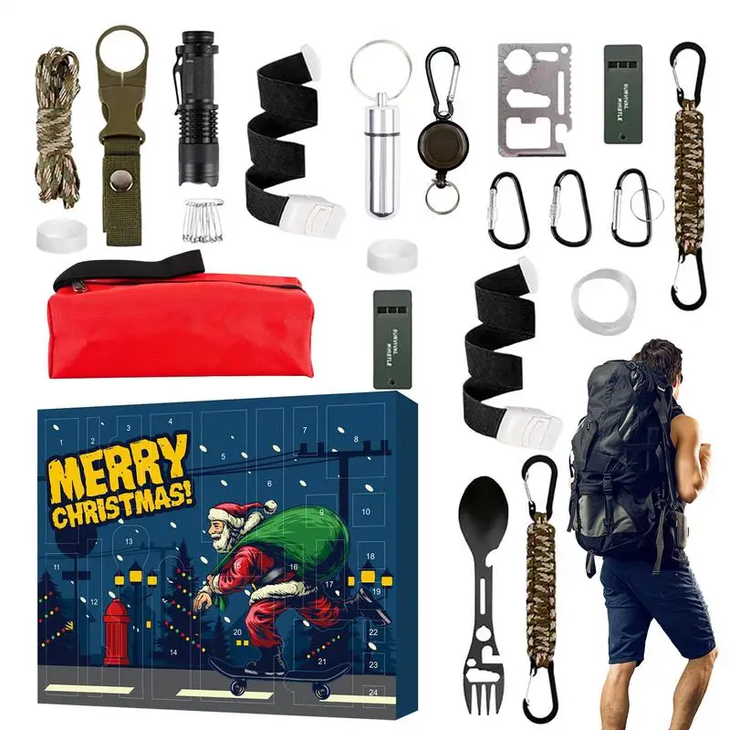 Survival Tools Advent Calendar 24-Day Portable Countdown Calendar Festive Practical Survival Kits for Christmas Hiking Fishing