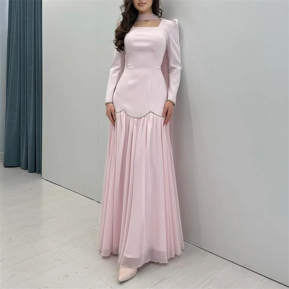 

ROYET Luxury Crystals Square Neck Long Sleeve Mermaid Evening Dress Ankle Length Pleat Tulle Prom Gown New Customized 2025