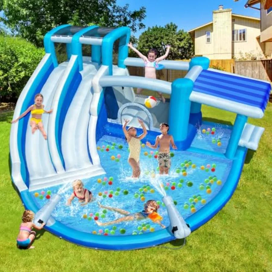 

Outdoor indoor inflatable bounce house water slide for kids 3-12 PVC material blue and yellow dual-slide design with 550W blowe