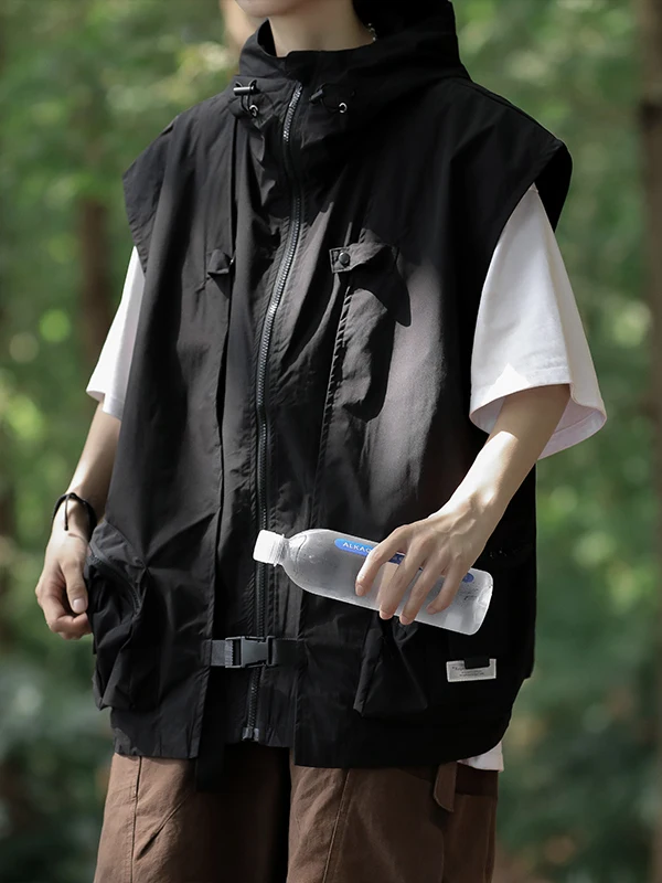 

Loose Fit American Sle Workwear Vest Men's Trendy Summer Jaet Functional Casual ex Hooded Zipper Closure Vest