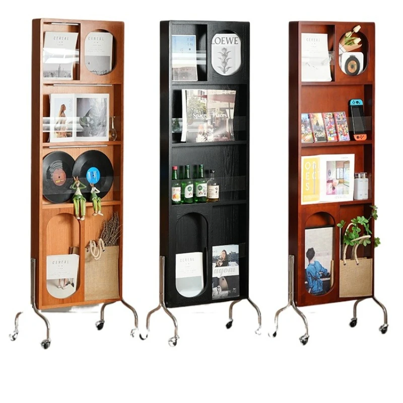 

Cherry wood dressing mirror, mobile magazine rack, solid wood hidden rotatable floor magazine rack