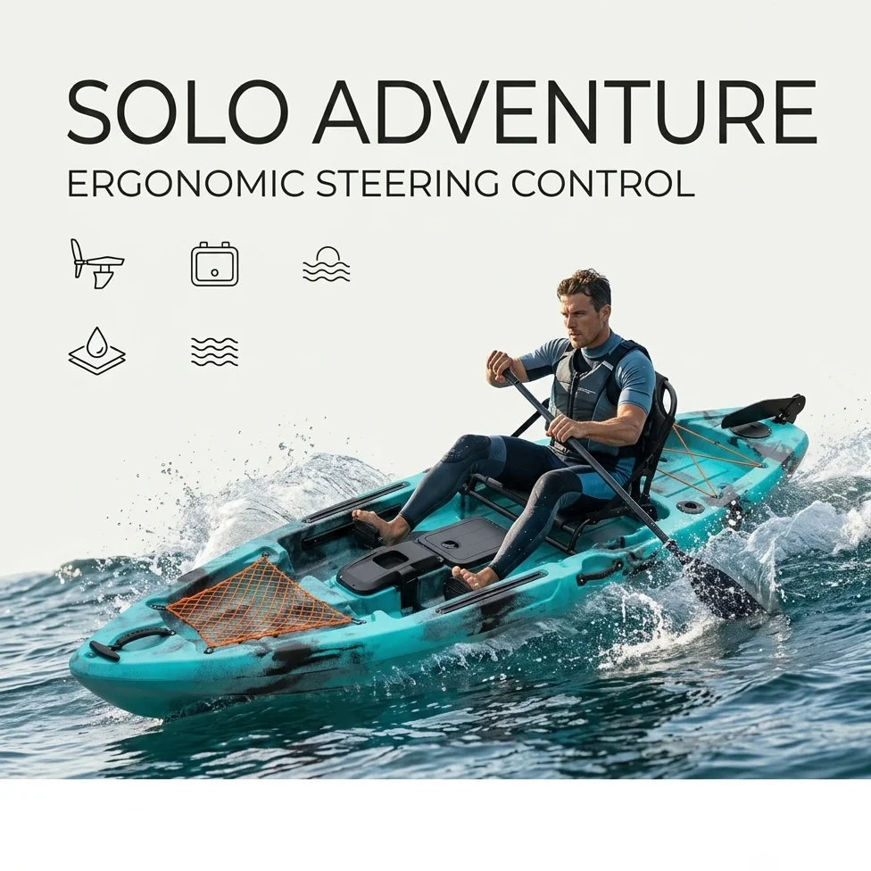 Top Rated 10ft Solo Angling Fishing Kayak Teal Cyan Marbled Polyethylene Hull Canoe Boat Rudder System Aluminum Frame