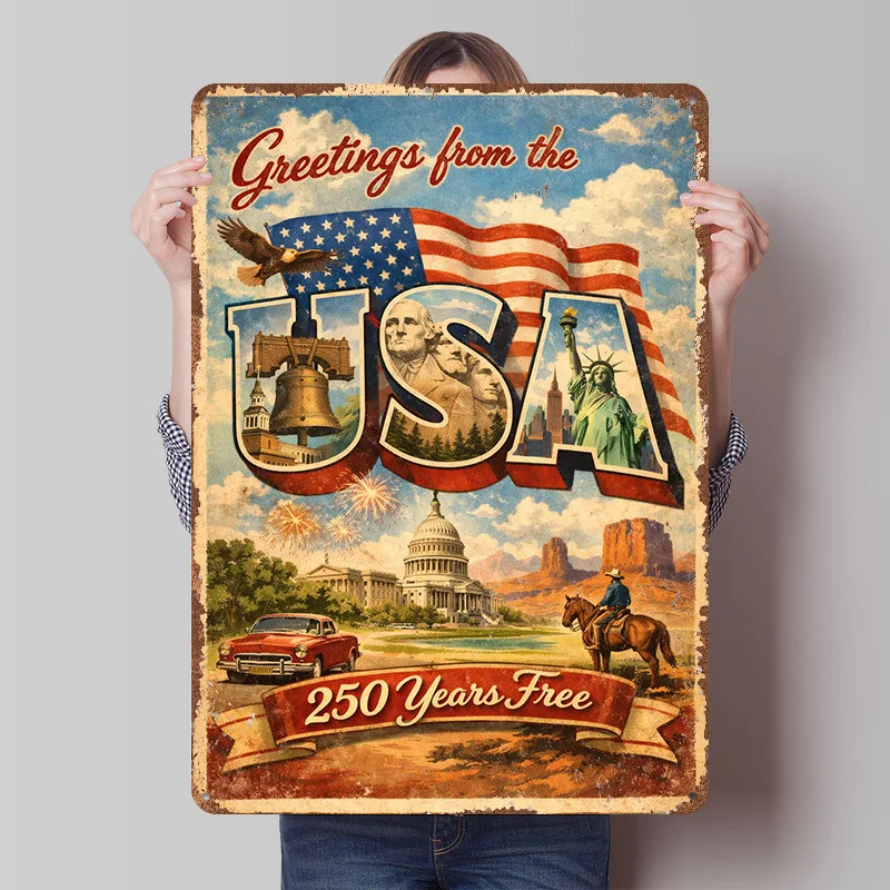 Grüße aus den USA Vintage Metallposter Maßgefertigte Wandkunst Retro Vintage Blechschilder für Männerhöhle Heimdekoration Haus