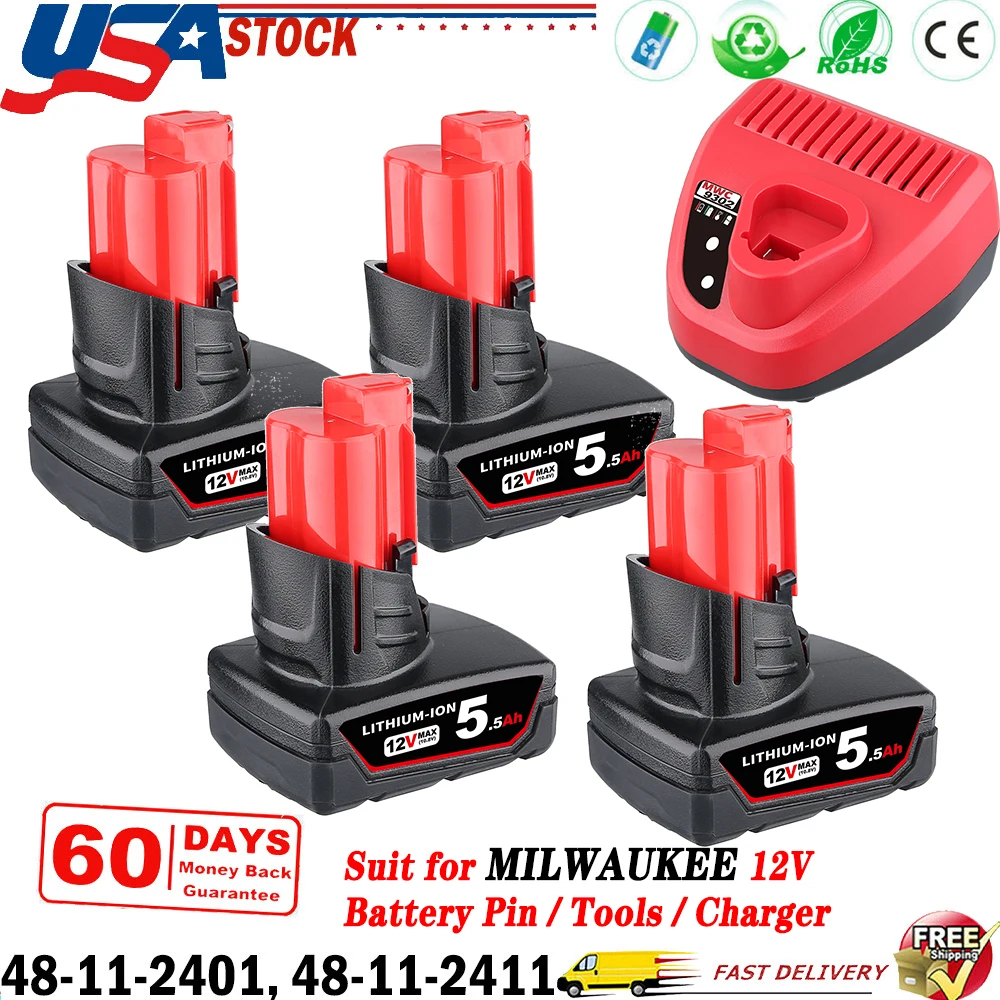 

1/2/4Pcs 5.5Ah M12 Li-on Battery+ N12 Charger,Replace for Milwaukee 12V Battery Pin Suit for 48-11-2401 48-11-2402 Power Tools