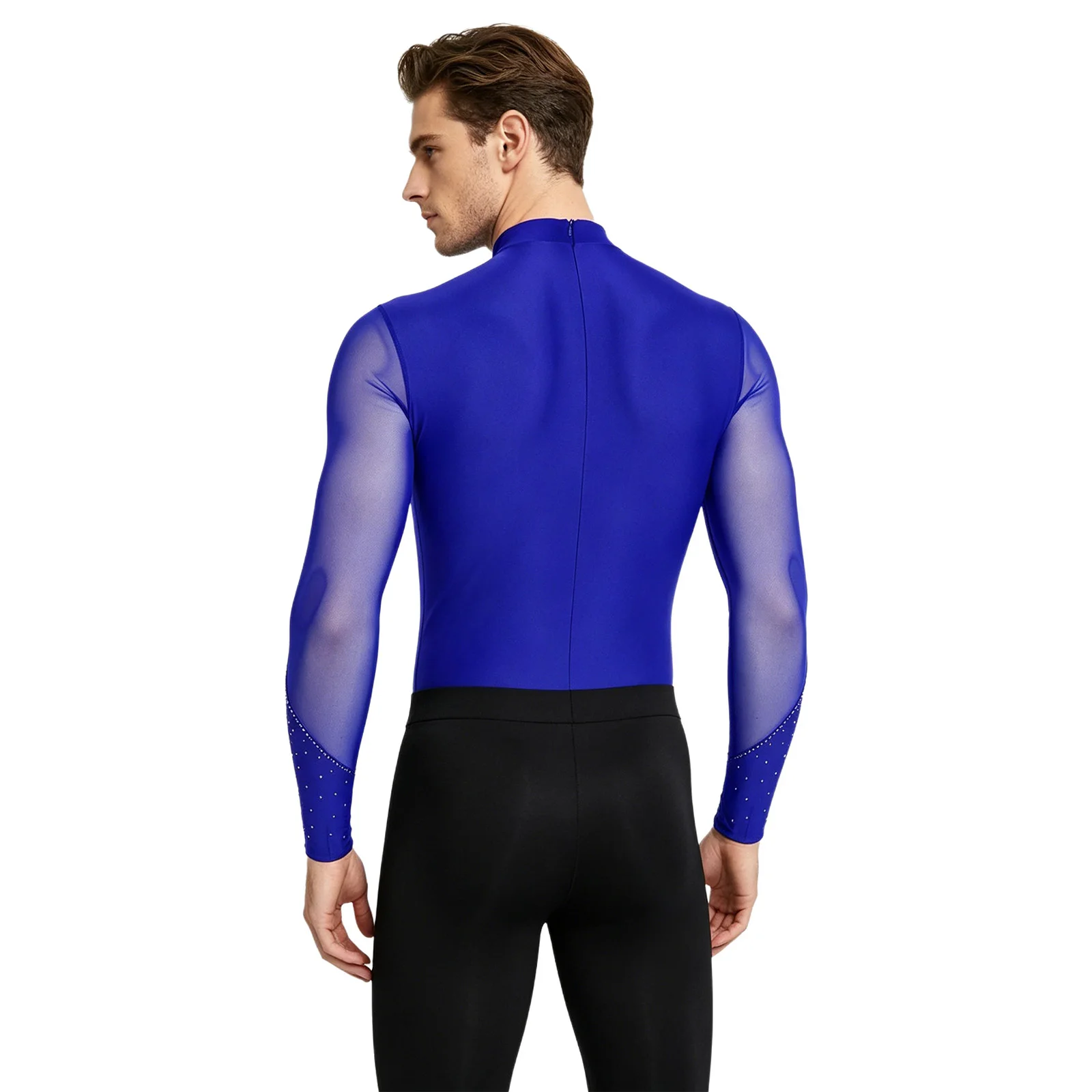 Herren Gymnastik Latin Ballett Tanz Performance Eiskunstlauf Kostüm Glitzer Strass Mesh Trikot Overall Bodysuit Shirts – Detail 8