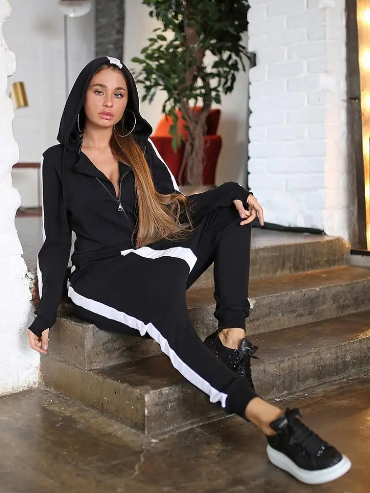

Gymdolphins Women's Loose Fit Hooded Jumpsuit Long Sleeves Cross Pants Punk Style Suit Striped Zippered Overall Rock Clothes