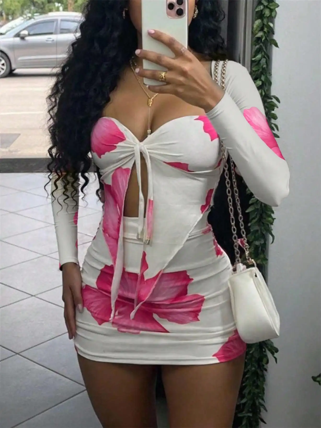 Women's Floral Print Long Sleeve Bodycon Dress with Front Knot & Cutout, Sexy Summer Mini Dress