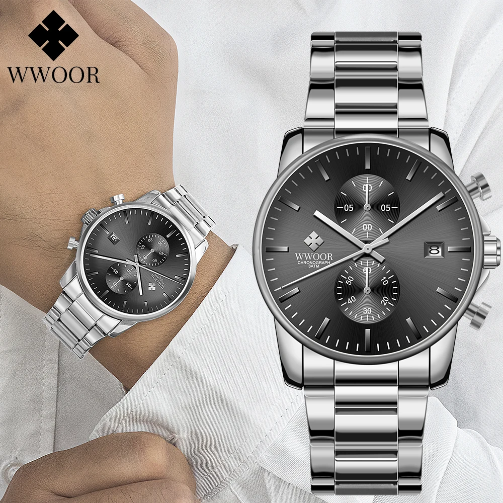 

WWOOR Watch for Men Luxury Quartz Stainless Steel Wristwatch Fashion Calendar Chronograph Warterproof Man's Watches