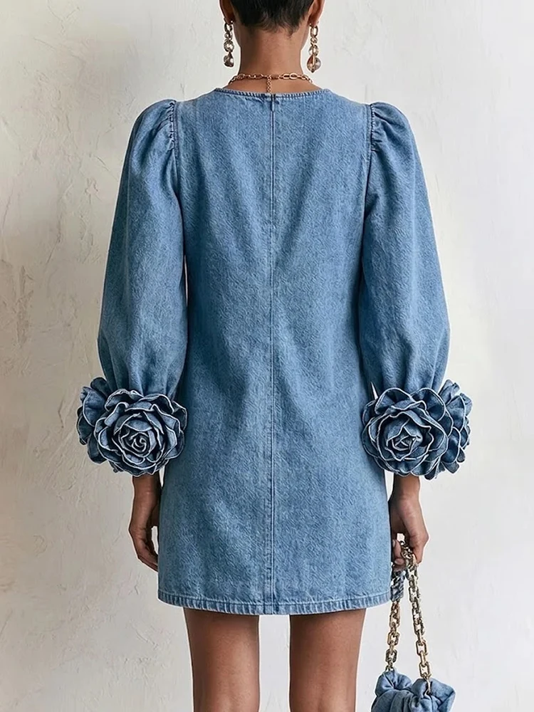 Casual Solid Color Loose Commuting Dress New Vintage High Waisted Short Dresses O Neck Flower Long Sleeved Autumn Woman Dress