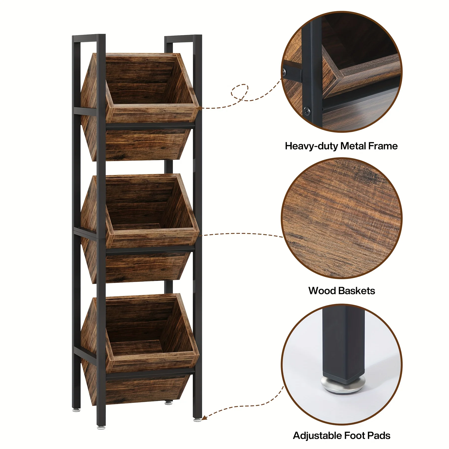 

3-Tier Rustic Wood Basket Stand with Metal Frame Suitable for Kitchen, Bathroom, Living Room Storage Tower, Entryway, Assembly