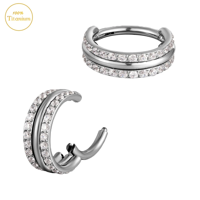 G23 Titanium Piercing Nose Ring Two Rows Of Zircon High Section Clickers Tragus Cartilage Earring Fashion Body Piercing Jewelry