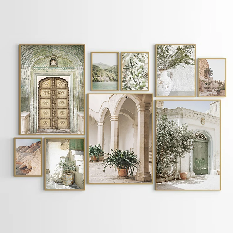 Affiche de galerie indienne verte botanique, Architecture de voyage d'italie, paysage marin, olive, peinture sur toile, images d'art murales, décoration de maison