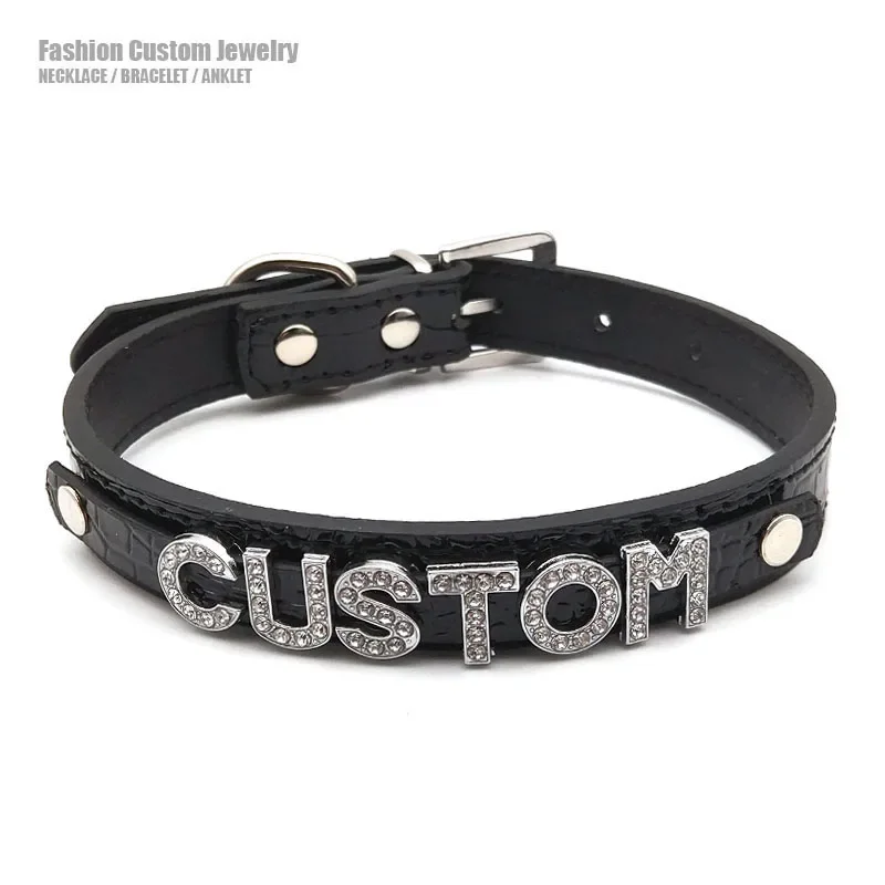 Goth Black Alligator PU Leather Customized Letters Collar Choker Necklace Sexy Role Age Play BDSM Adult Sexy Cosplay Jewelry