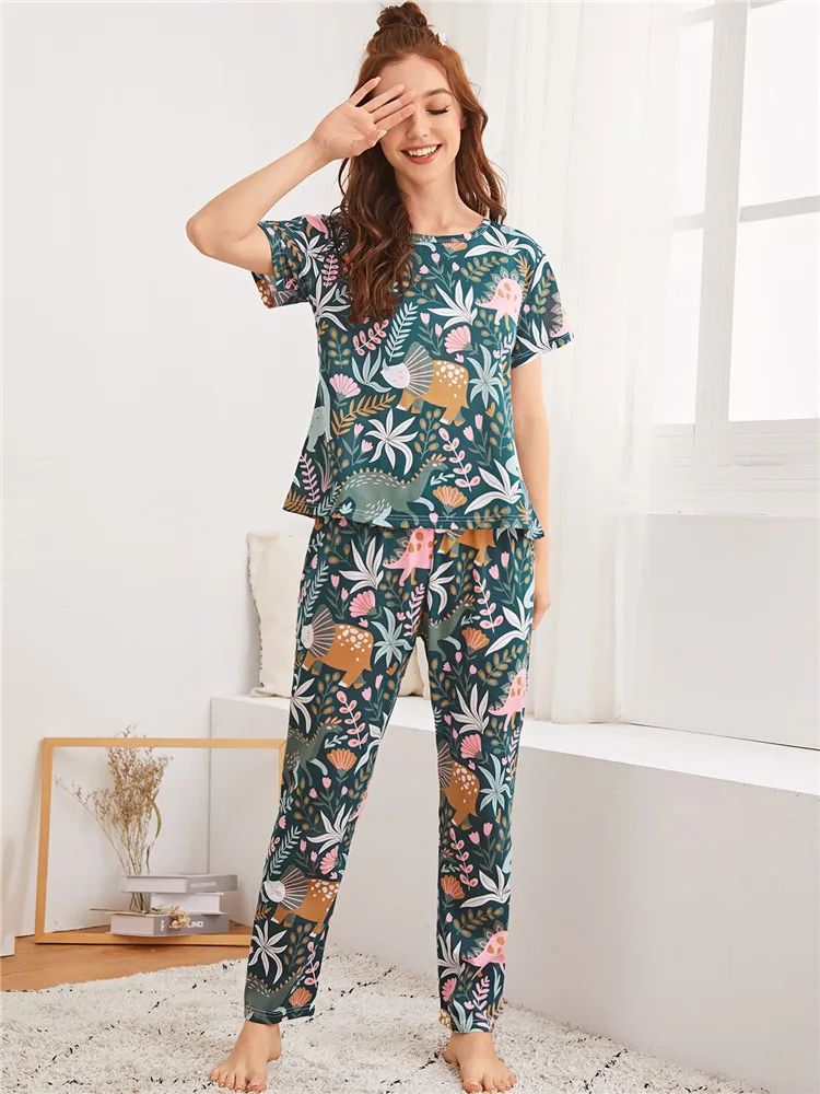 Conjunto de Pijama de 2 piezas con estampado de plantas para Mujer, ropa de dormir suave, pantalones largos de manga corta, ropa de casa para primavera y verano