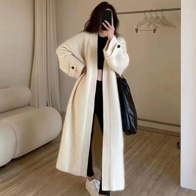 Women's Chic Long Knitted Cardigan Autumn Winter Loose Solid Knitwear Female Open Stitch Full Sleeve Elegant Sweater Cardigan