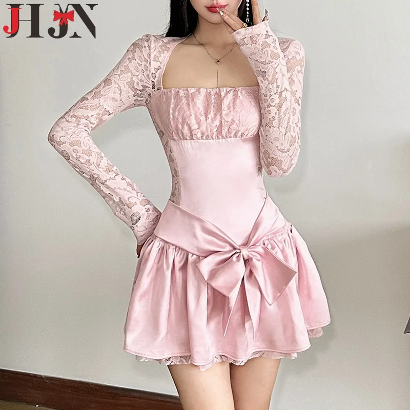 JHJN temperamento mujeres Mini falda de encaje de manga larga Vestido cuadrado cuello grande Vestido con lazo pliegues Vestido elegante de malla dulce Vestido de niña