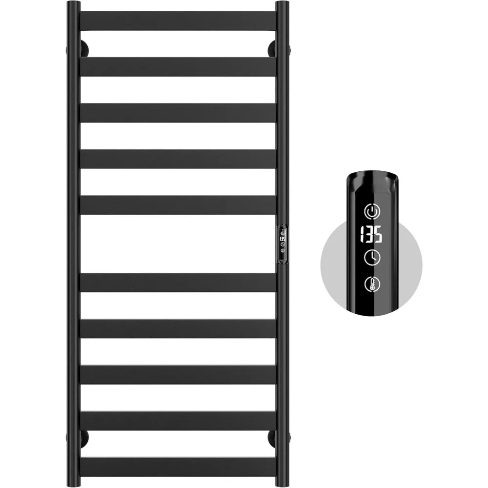 Electric Towel Warmer Rack, 10-Bar Stainless Steel Heated Tower Rack with Built-in Timer, Wall Mounted, Plug-in/Hardwired, Black