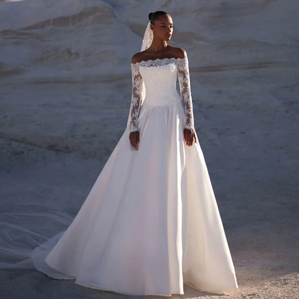 

Очаровательные свадебные платья трапециевидной формы с открытыми плечами и длинными рукавами, на заказ, 2026, Vestido De Noiva