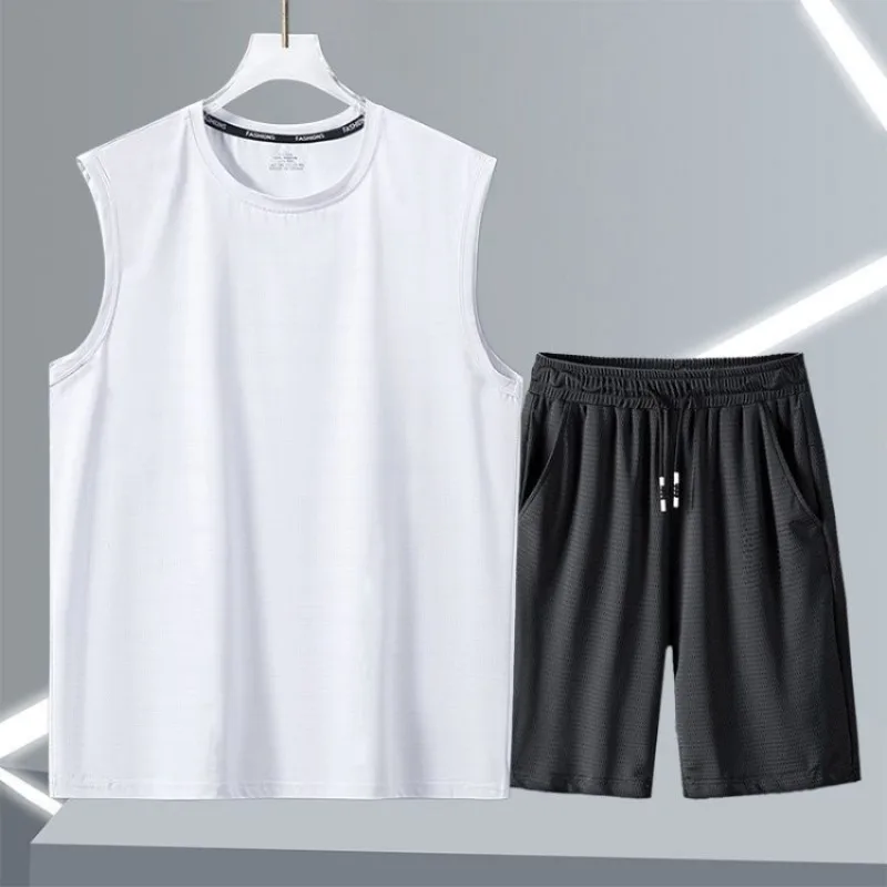 

Summer Men's Ice Silk Running Set Quick Dry Cooling Breathable Lightweight Tank Top Vest Sports Casual Suit
