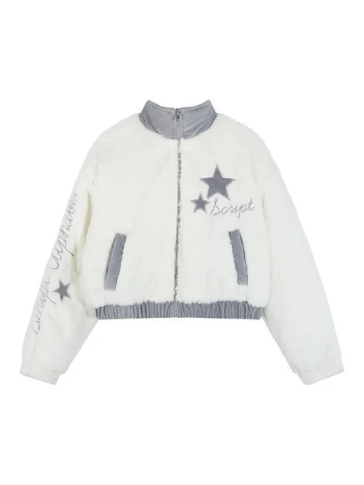 KOSAHIKI Harajuku Cropped Jacket Women Autumn Winter Vintage Zipper Fluffy Coat Y2k Aesthetic Star Embroidery Faux Fur Jackets