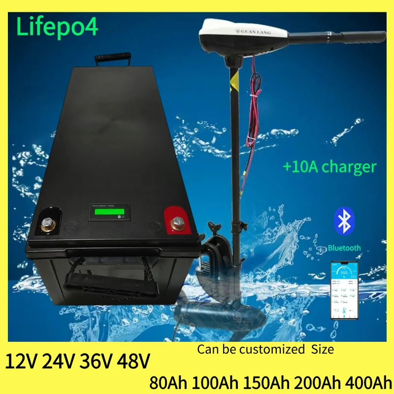 Waterproof 12V 24V 36V 48V 80Ah 100Ah 150Ah 200Ah 400Ah Lifepo4 battery BMS inside for trolling motor boat RV +Charger