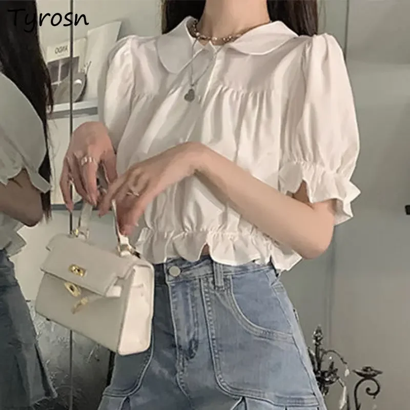 

Shirts Women Simple Sweet Design Puff Sleeve Summer All-match Solid Leisure Peter Pan Collar Korean Style Ruffles Fashion Crop