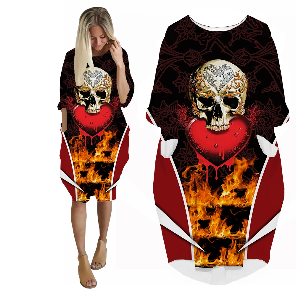 SONSPEE 2022 Fashion Street Personality Women's Dress 3D Print Hell Demon Monster Skull Skirt Suits Lady Girl Casual Loose Gown