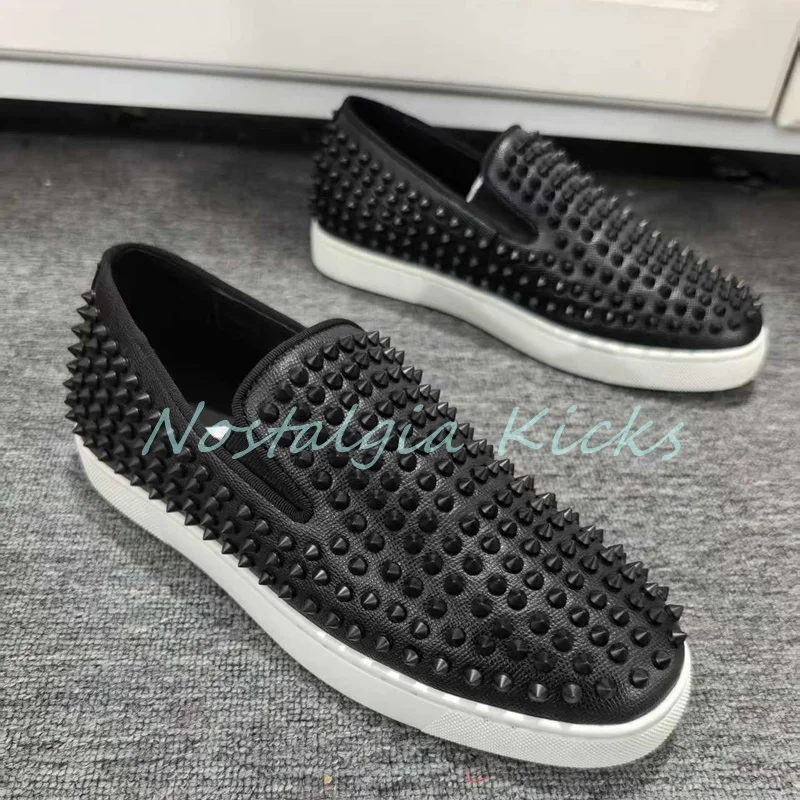 Summer Black Flat Cow Leather Spiked Loafers Slip On Anti-Slip Men's Casual Shoes Trendy Full Rivet Comfortable Sneakers