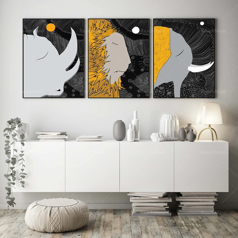 

Safari animal prints, tribal african animals poster, rhino, lion, elephant wall art abstract black orange home decor print