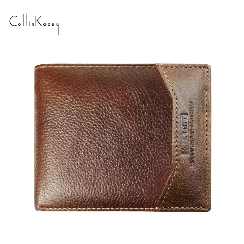 Genuine Leather Men Wallet Short Busniess Small Trifold Wallet Card Holder Stitching Male Purse Money Bag Portomonee Carteria